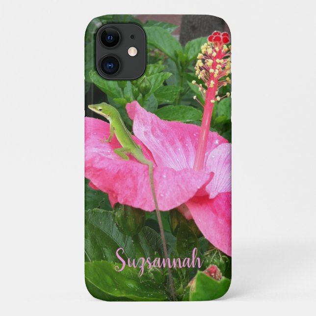 Funda De Case-Mate Para iPhone Nombre personalizado Rosado tropical Hibiscus Anol (Reverso)