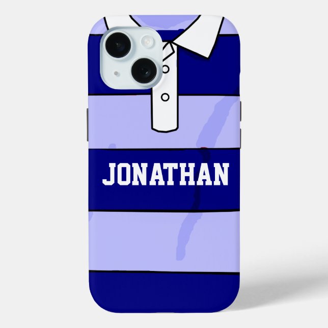 Funda De Case-Mate Para iPhone nombre personalizado rugby jersey blue hoops (Reverso )
