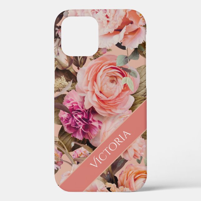 Funda De Case-Mate Para iPhone Nombre personalizado rústico floral rosa (Reverso )