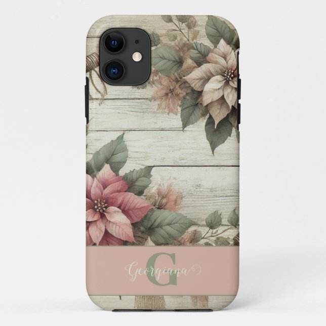 Funda De Case-Mate Para iPhone Nombre personalizado Shabby Chic Pastel Poinsettia (Reverso)