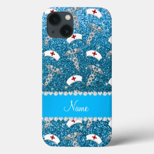 Funda Para iPhone 13 Nombre purpurina azul celeste enfermero gorras de