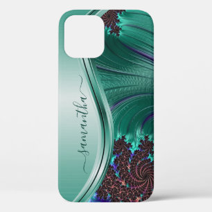 Funda Para iPhone 12 Nombre Verde azulado moderno fractal manuscrito