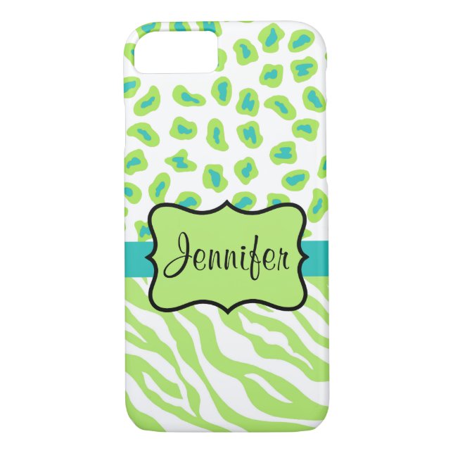 Funda De Case-Mate Para iPhone Nombre Verde azulado verde de cebra leopardo negro (Reverso)