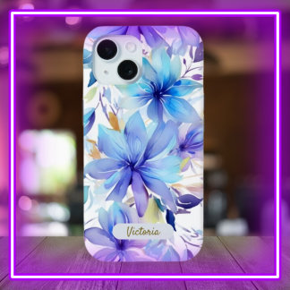 Funda Para iPhone 15 Nombre y diseño floral azul y púrpura para iPhone 
