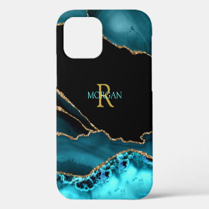 Funda Para iPhone 12 Pro Nombre y monograma, ágata teal/negra, texto dorado