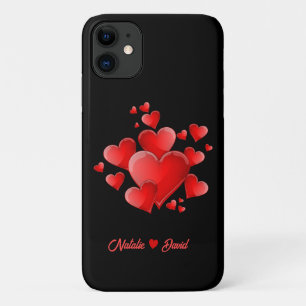 Funda Para iPhone 11 Nombres de enamorados y corazones rojos sobre negr