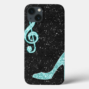 Funda Para iPhone 13 Nota Musical y Tacón de Aguja Brillantoso Turquesa