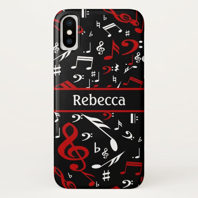 Funda De Case-Mate Para iPhone Notas musicales blancas y negras rojas (Reverso)