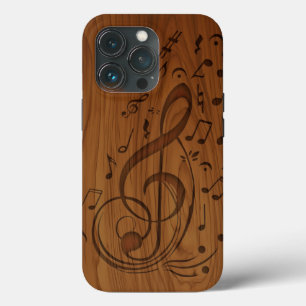 Funda Para iPhone 13 Pro Notas musicales de Clef grabadas en 3D sobre mader