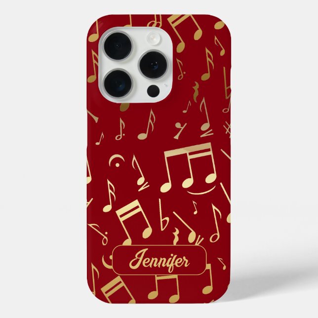 Funda De Case-Mate Para iPhone Notas musicales doradas sobre fondo rojo profundo (Reverso )