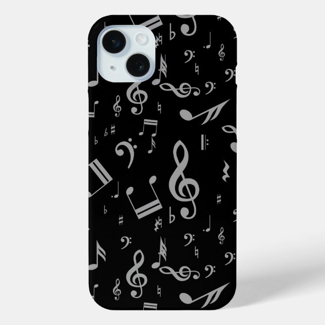 Funda De Case-Mate Para iPhone Notas musicales gris sobre negro (Reverso )