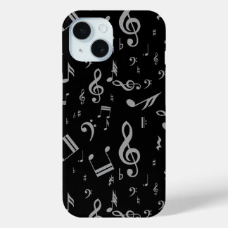 Funda Para iPhone 15 Notas musicales gris sobre negro