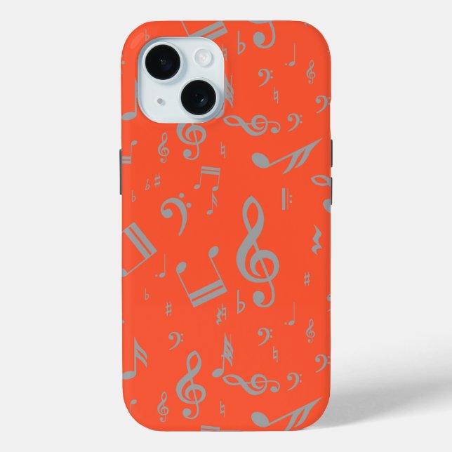 Funda De Case-Mate Para iPhone Notas musicales grises sobre el Naranja (Reverso )