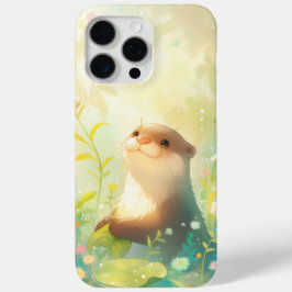 Funda Para iPhone 15 Pro Max Nutria Alegre en un Caprichoso Mundo Floral Lluvio