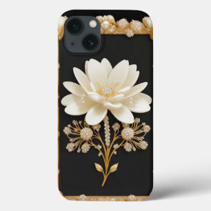 Funda Para iPhone 13 Obra de arte de flor blanca con oro lujoso