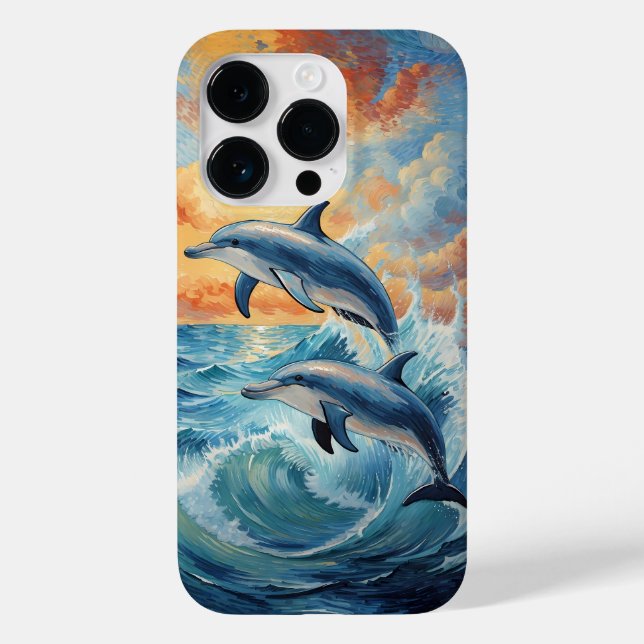 Funda De Case-Mate Para iPhone Océano atardecer artístico de dos delfines saltand (Reverso )