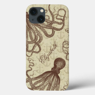 Funda Para iPhone 13 Octopus marrón vintage con anclas personalizadas