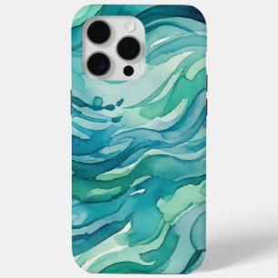 Funda Para iPhone 15 Pro Max Olas de océano acuarela azul verdoso
