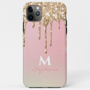 Funda Para iPhone 11 Pro Max Ombre de Monograma Rosa con Brillo que Gotea en Or