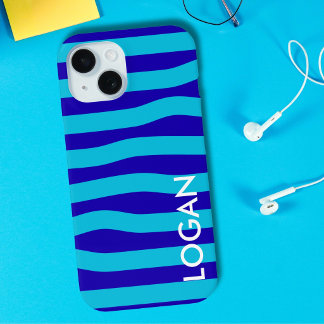 Funda Para iPhone 15 Onda azul moderna con franja y nombre personalizad