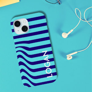Funda Para iPhone 15 Onda azul moderna con raya y nombre personalizado
