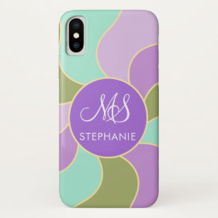 Funda Para iPhone X Ondas de sol Retro Verde Morado Monogramado Elegan