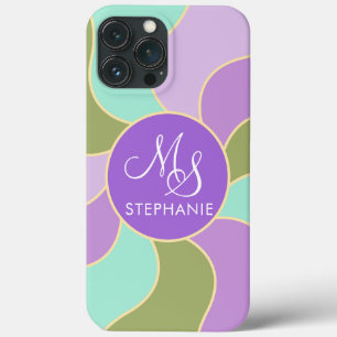 Funda Para iPhone 13 Pro Max Ondas de sol Retro Verde Morado Monogramado Elegan