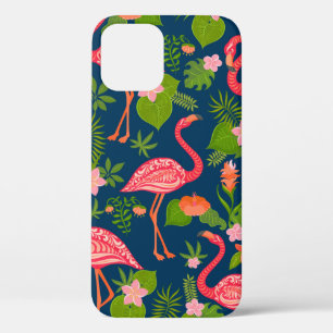 Funda Para iPhone 12 Ornamento de flamingo rosa sobre una espalda turqu