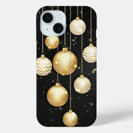 Funda Para iPhone 15 Ornamentos de árbol de Navidad dorado en negro