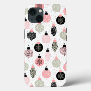 Funda Para iPhone 13 Ornamentos de Navidad Fondo Blanco Rosa y Verde