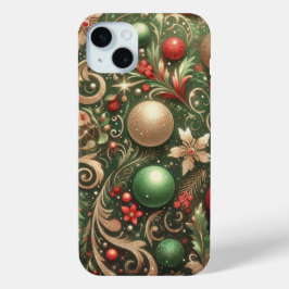 FUNDA PARA iPhone 15 MINI ORNAMENTOS DE PLATA DE ORO VERDE ROJO DE FESTIVIDA