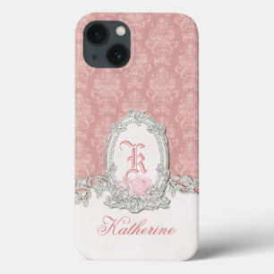 title_seo2 Ornate Vintage Pink Damask Floral Monogram