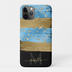Funda Para iPhone 11 Pro Oro Azul Glitter Script Monograma