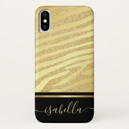 Funda Para iPhone X Oro De Piel De Cebra Y Gráfico Monogramado Negro