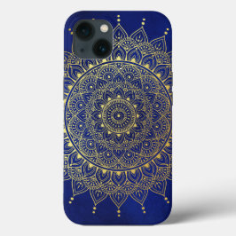 Funda Para iPhone 13 Oro elegante en la floral azul profundo Henna Mand
