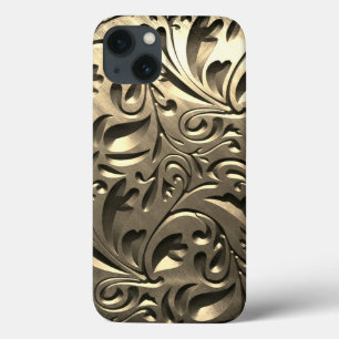 Funda Para iPhone 13 Oro elegante grabado con aspecto metálico floral a