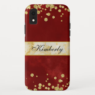 Funda Para iPhone XR Oro elegante y Borgoña chispeantes cones monograma