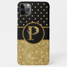 Funda Para iPhone 11 Pro Max Oro espumoso y puntos de polka en monograma negro 