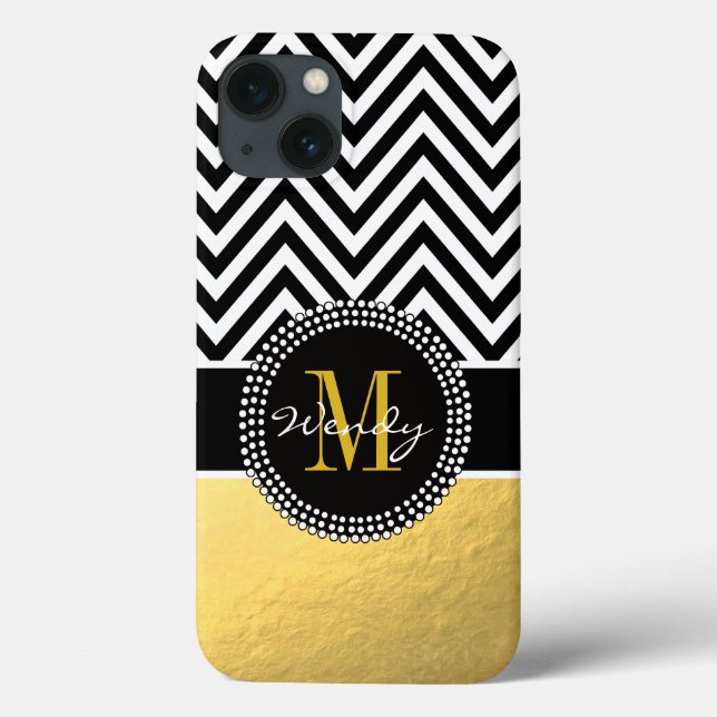 Funda De Case-Mate Para iPhone Oro femenino y Chevron negro cones monograma (Reverso)