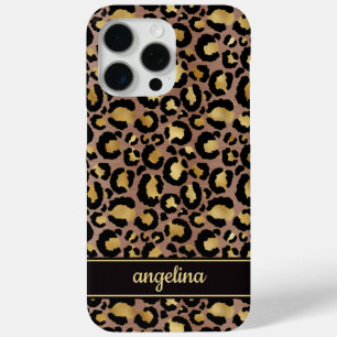 Funda Para iPhone 15 Pro Max Oro Foil Sobre Monograma Impreso Leopardo Marrón