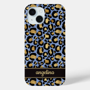 Funda Para iPhone 15 Oro Laminado Sobre Estampado De Leopardo Azul Mono
