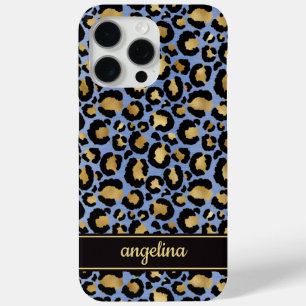 Funda Para iPhone 15 Pro Max Oro Laminado Sobre Estampado De Leopardo Azul Mono