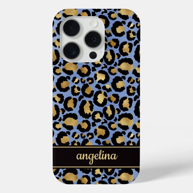 Funda De Case-Mate Para iPhone Oro Laminado Sobre Estampado De Leopardo Azul Mono (Reverso )