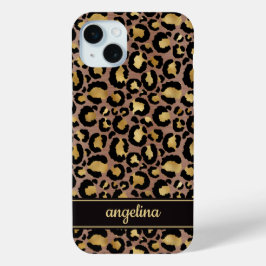 Funda Para iPhone 15 Mini Oro Laminado Sobre Estampado De Leopardo Marrón Mo