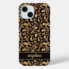 Funda Para iPhone 15 Oro Laminado Sobre Estampado De Leopardo Marrón Mo
