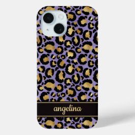 Funda Para iPhone 15 Oro Laminado Sobre Estampado De Leopardo Morado Mo