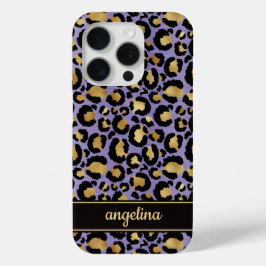 Funda Para iPhone 15 Pro Oro Laminado Sobre Estampado De Leopardo Morado Mo