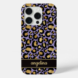Funda Para iPhone 15 Pro Oro Laminado Sobre Estampado De Leopardo Morado Mo