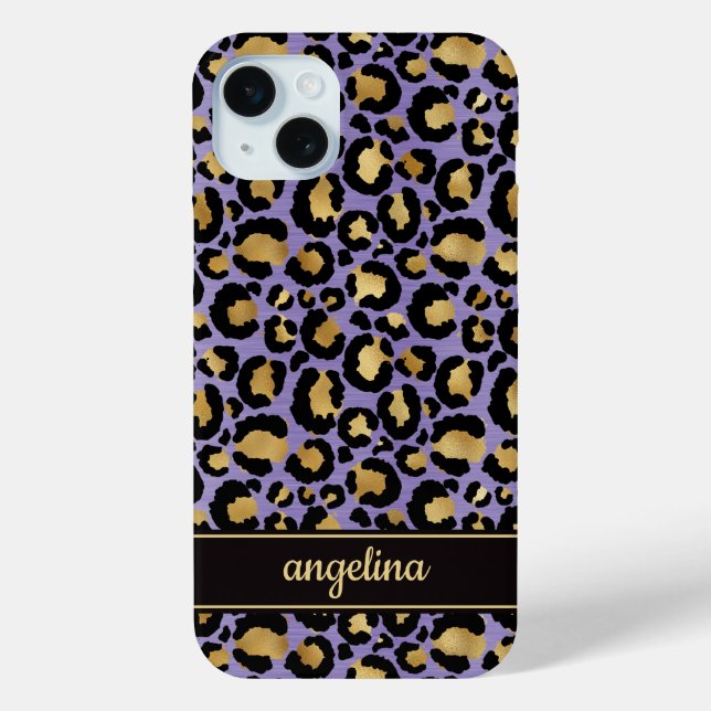 Funda De Case-Mate Para iPhone Oro Laminado Sobre Estampado De Leopardo Morado Mo (Reverso )