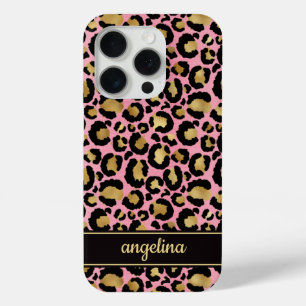 Funda Para iPhone 15 Pro Oro Laminado Sobre Estampado De Leopardo Rosa Con 